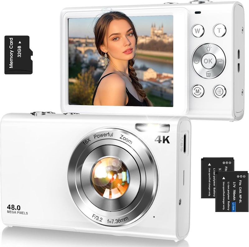 Lecnippy Digital Camera,Autofocus 4K Vlogging Camera for Photography with 32GB Card,48MP Portable Compact Point and Shoot Digital Camera for Teens Adult Beginner with 16X Zoom,Anti-Shake,2 Batteries(White) - Image 1